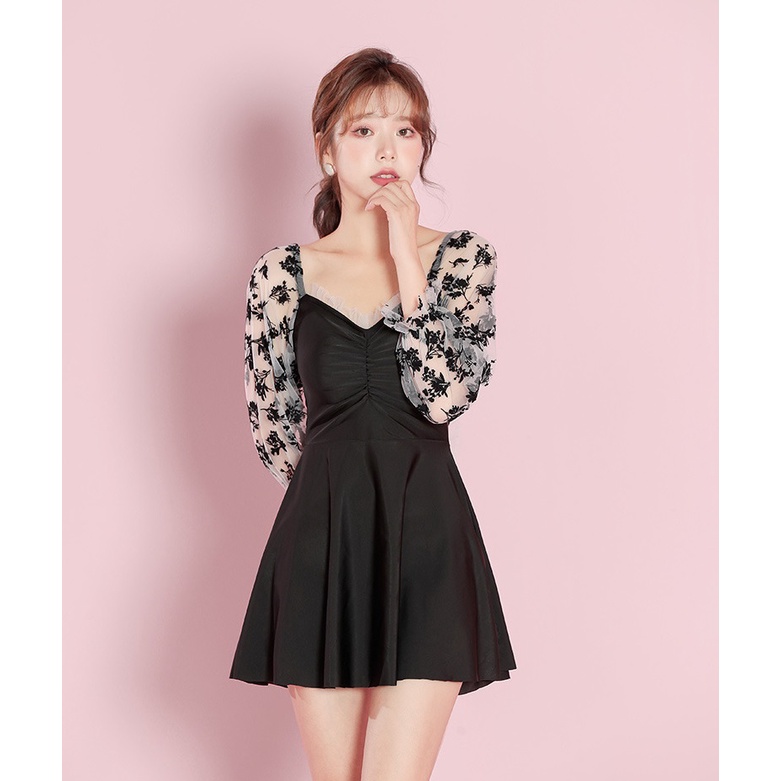 Bộ đồ bơi nữ liền dáng váy tay ren thắt nơ lưng siêu xinh