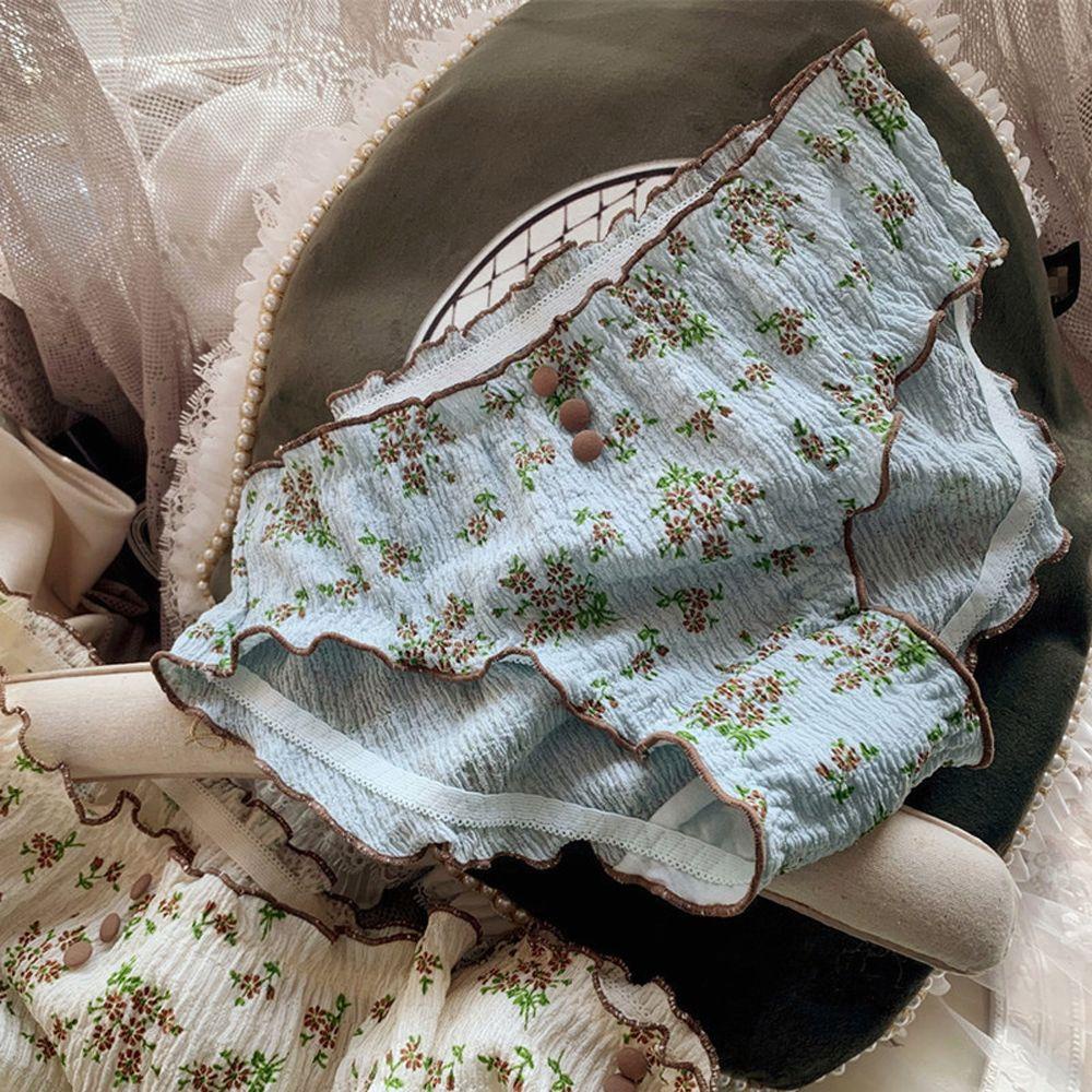 OCEANMAP Quần Lót Cotton Phối Ren Hoa Nhún Bèo Phong Cách Lolita Ngọt Ngào Thanh Lịch Cho Nữ