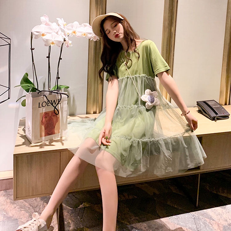 Đầm Thun Tay Ngắn Phối Lưới Màu Xanh Bơ Thời Trang Cho Nữ