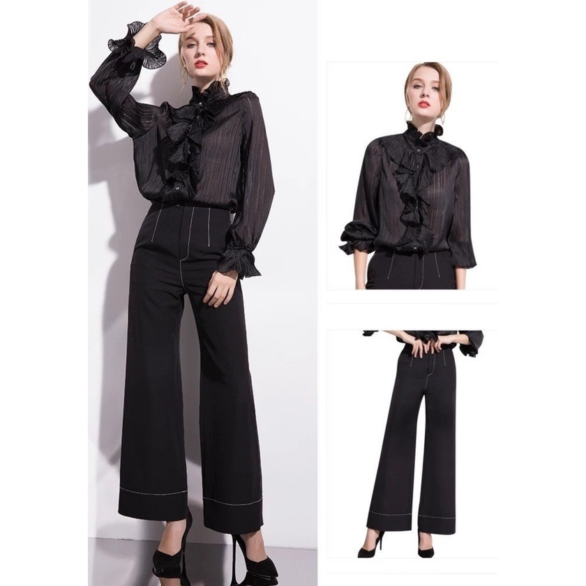 Quần tây nữ ống rộng lưng cao công sở trần chỉ trang trí LAVARA QU02