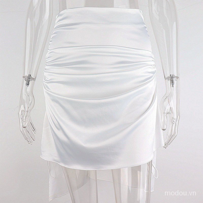 Chân váy midi vải satin kiểu xếp ly phối dây rút eo lệch tà cá tính dành cho nữ | BigBuy360 - bigbuy360.vn