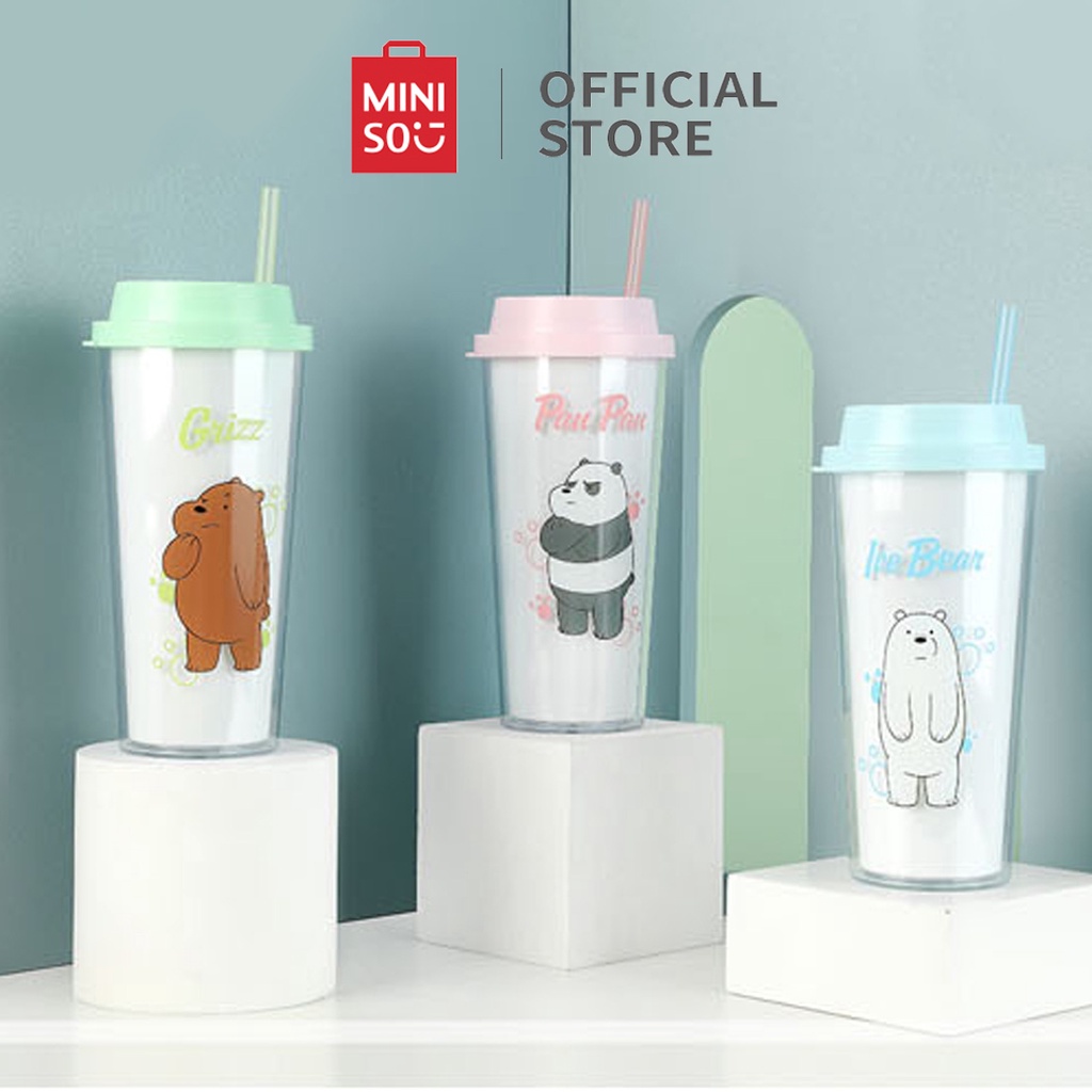 Ly nhựa We Bare Bears 2 lớp kèm ống hút Miniso dung tích 550ml