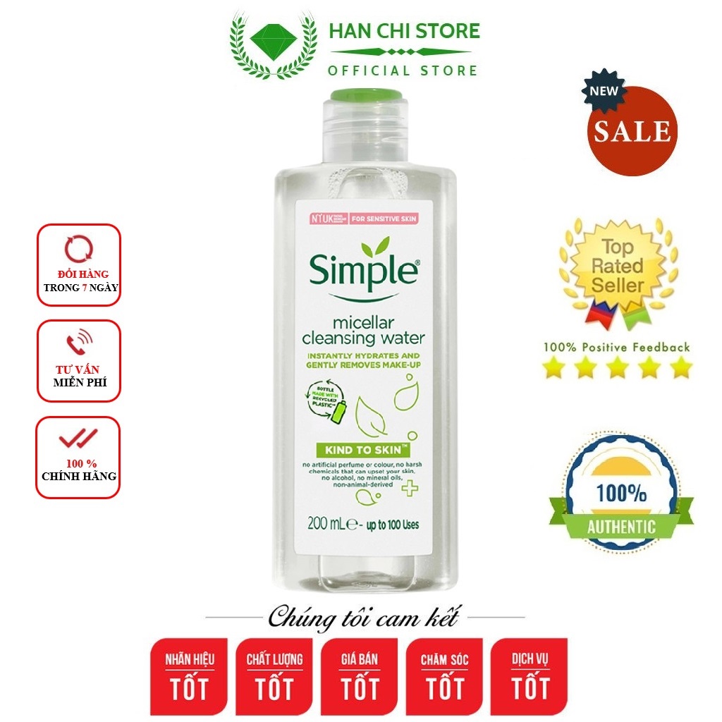 Nước Tẩy Trang Simple 200ml Cho Da Nhạy Cảm Da Khô Dưỡng Ẩm, Nước Tẩy Trang Simple Dịu Nhẹ Làm Sạch Bụi Bẩn Chính Hãng