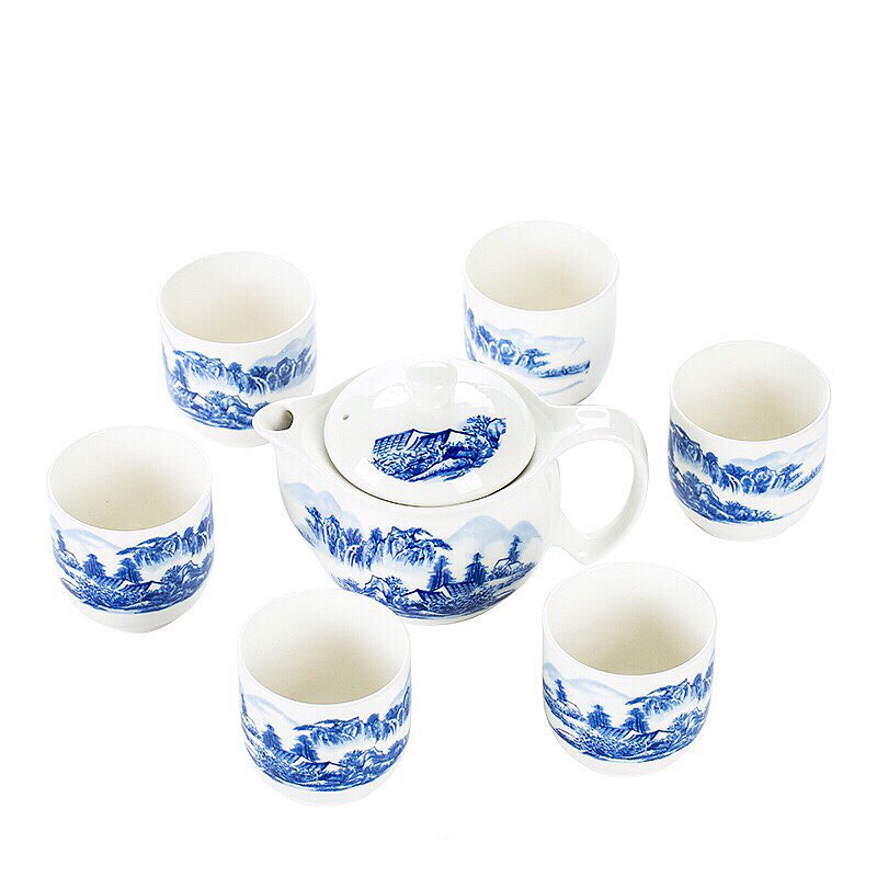 Bộ ly tách ấm trà có họa tiết phong cảnh phong thủy gốm sứ màu xanh