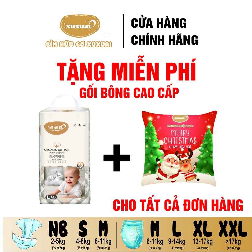 Bỉm hữu cơ Xuxuai Quần/dán - size NewBorn,S,M,L,XL,XXL - số miếng NB36, S68, M50c,L48,XL44,XXL42c / bịch