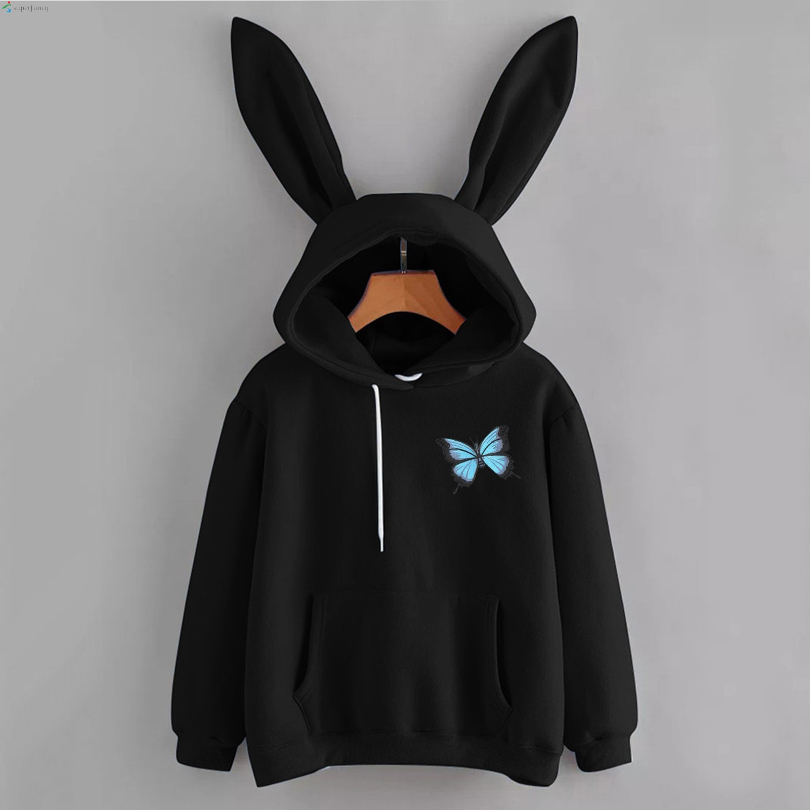 Women Long Sleeve Rabbit Hooded Sweatshirt Butterfly Print Bunny Ear Pullover Tops for Autumn Winter