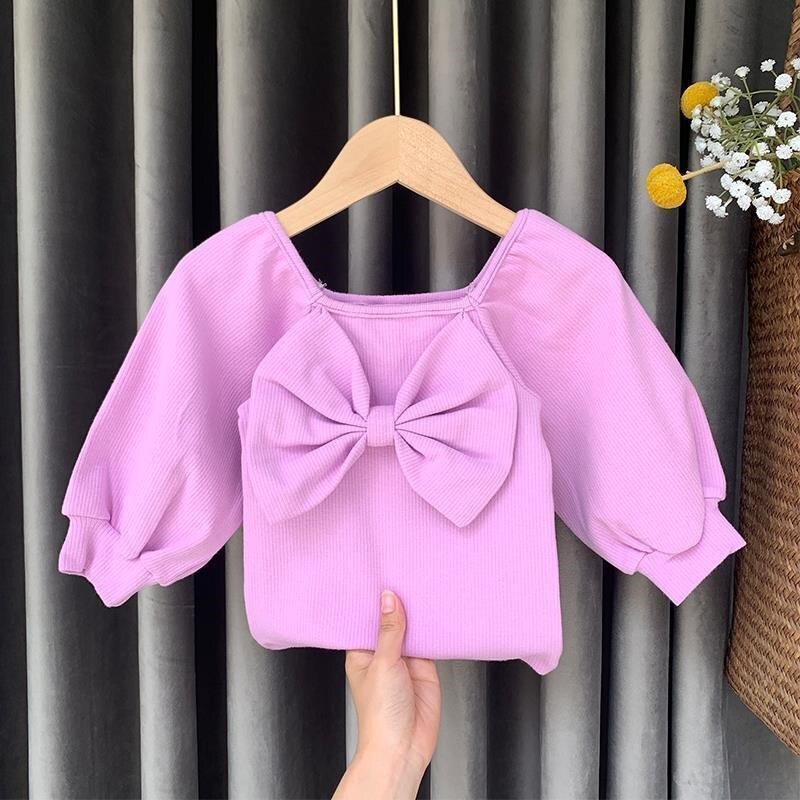 Áo thun cổ vuông thắt nơ thời trang xuân thu cho bé gái 2-6 tuổi
