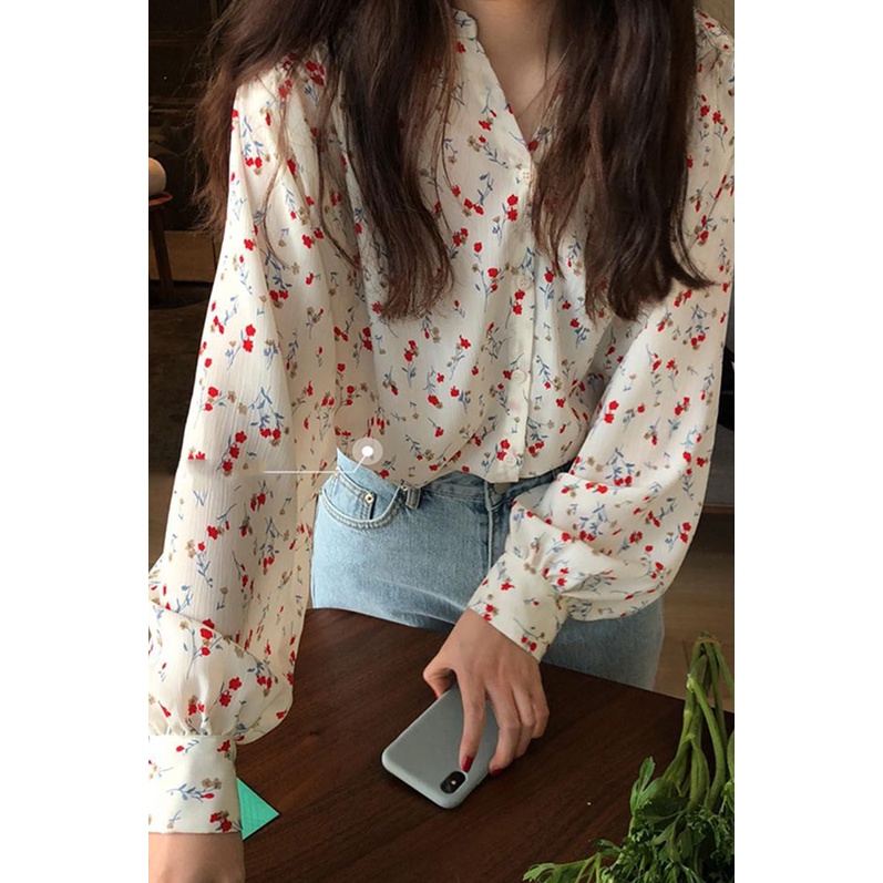 Áo kiểu SUXI tay dài cổ chữ V họa tiết hoa lá thời trang Hàn Quốc dành cho nữ