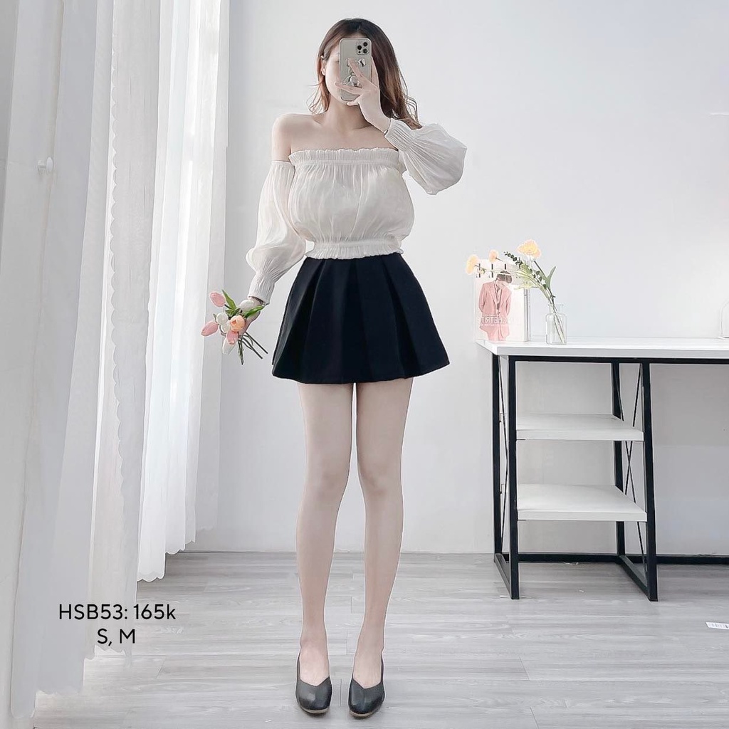 Set áo organza trễ vai phối chân váy xếp ly xòe CHIBEST HSB53