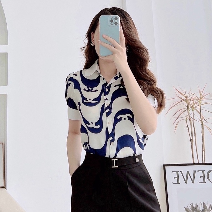 Áo sơ mi nữ ngắn tay họa tiết lượn sóng xanh trắng thanh lịch ZYM'S HOUSE K1163