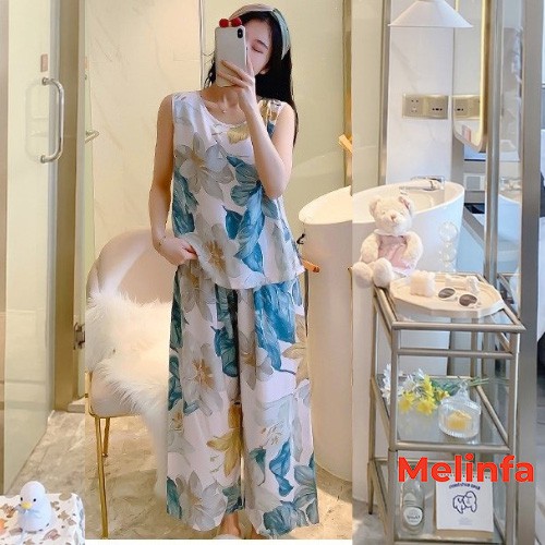 Bộ đồ ngủ nữ, bộ ba lỗ quần dài xuông rộng chất vải lanh lụa cotton thoáng mát nhiều màu mã BD0234