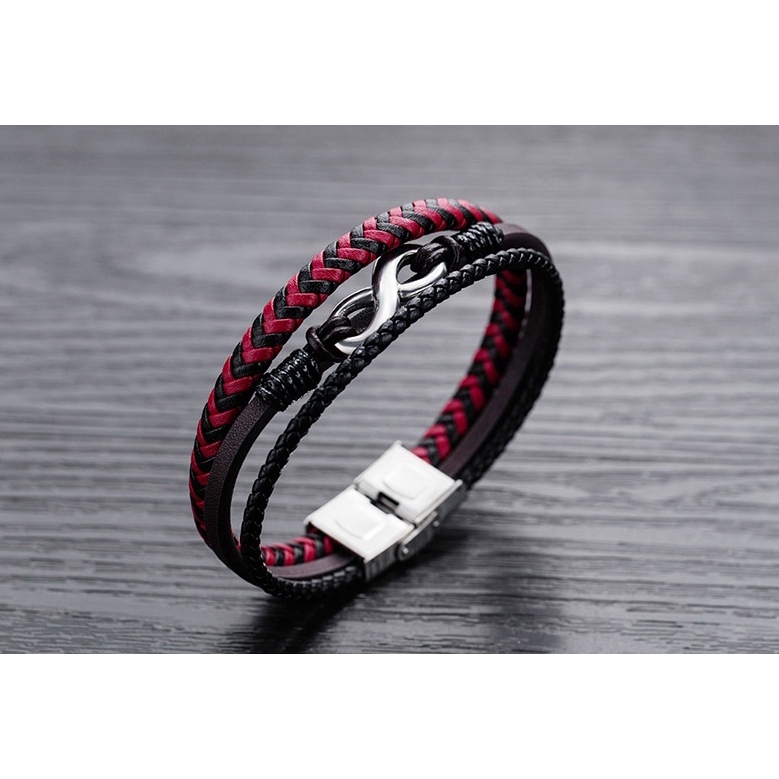 Vòng tay bằng da phối màu đen đỏ phong cách đi tiệc hip hop thời trang dành cho nam