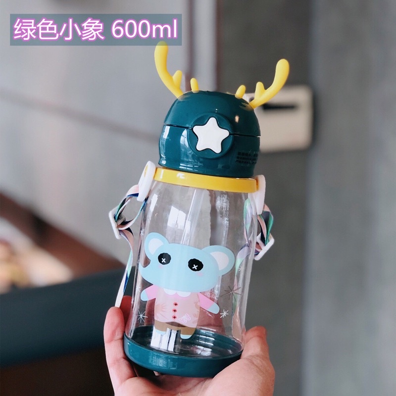 Bình nước nhựa 550ML đựng nước chống rò rỉ có quai đeo, hoạ tiết hoạt hình dễ thương cho bé