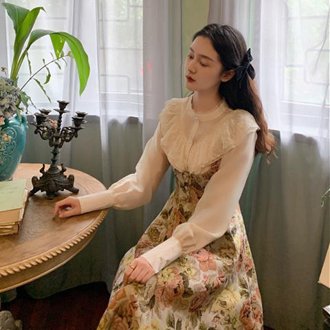 Retro flowers Đầm Yếm In Hoa Thời Trang Mùa Thu Dành Cho Nữ