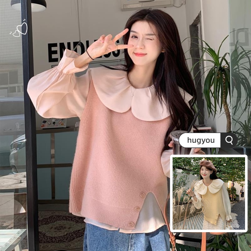 Set Áo Sơ Mi Tay Dài + Áo Len Không Tay Thiết Kế Mới Thời Trang Theo Phong Cách Hàn Quốc Cho Nữ