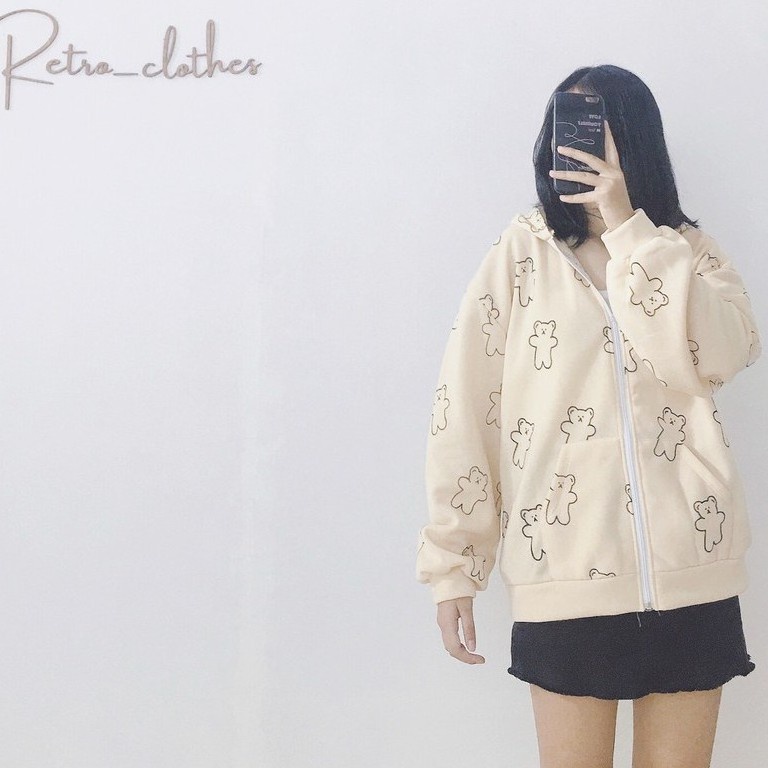 🍂 [Ảnh thật/Tự chụp] Áo khoác nỉ nữ hình gấu form rộng nỉ bông cute dễ thương màu be Hàn Quốc | BigBuy360 - bigbuy360.vn