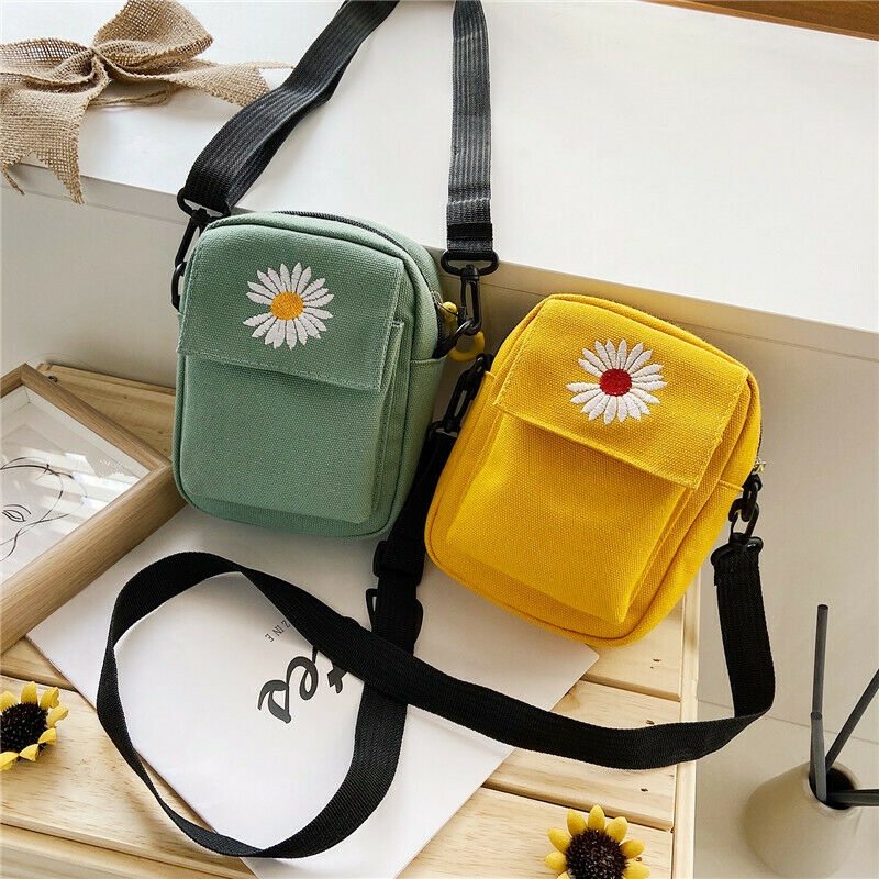 Túi vải canvas đeo vai đựng điện thoại hình hoa cúc nhỏ xinh xắn