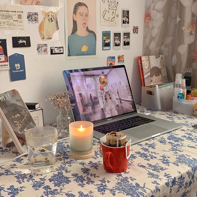 Khăn trải bàn trang trí hoa xanh Retro, thảm vải canvas picnic, vải nền chụp ảnh - Décor nhà Sò