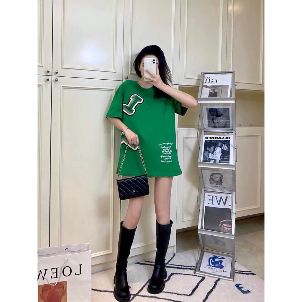 Áo phông Lv cổ tròn logo thêu hàng sẵn