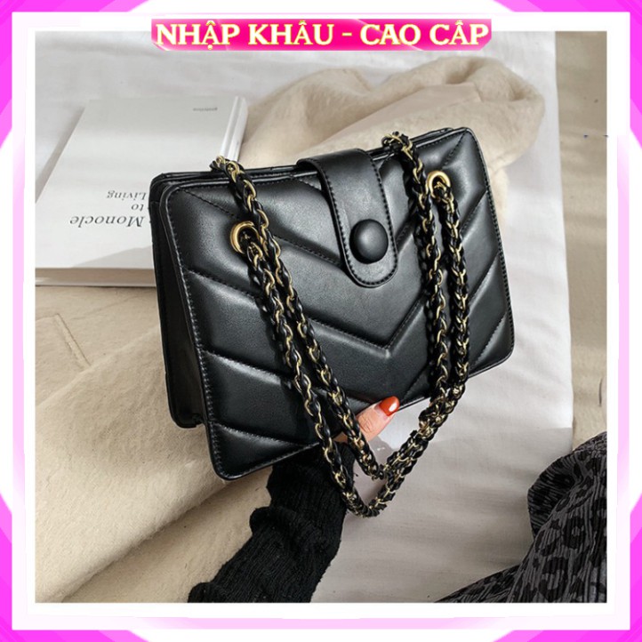 [Hàng Chuẩn - FreeShip] Túi xách Túi đeo chéo nữ Da vân sọc Dây pha xích Màu trắng đen cao cấp công sở đi làm dự tiệc
