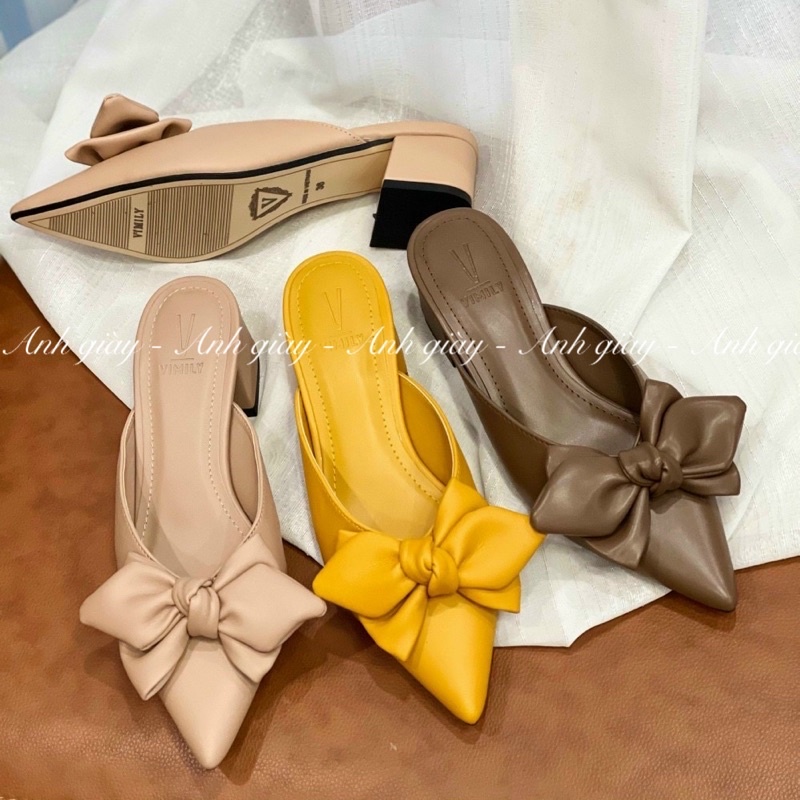 DL56 - Sục nữ mũi  nhọn da lì nơ gót vuông 4p VNXK cực xinh phù hợp đi học đi làm đi chơi du lịch