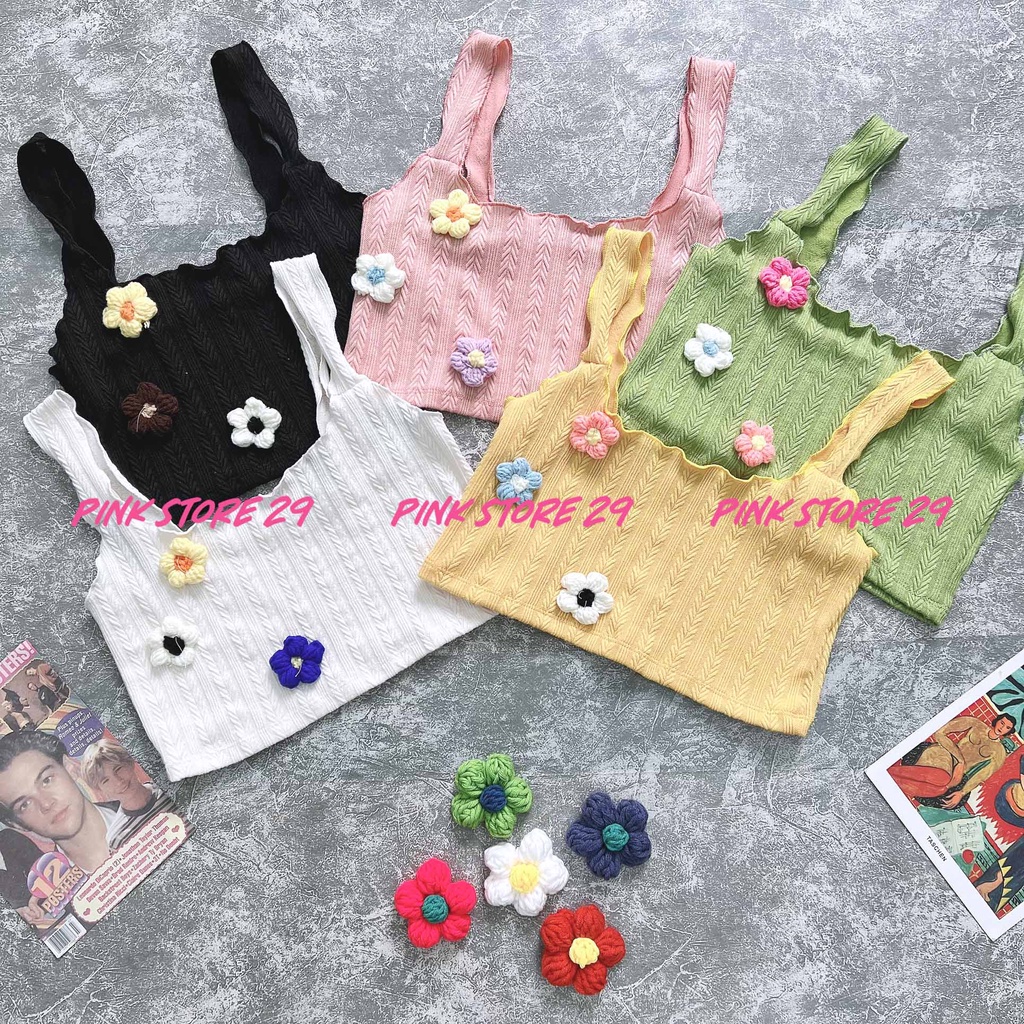 Áo Croptop 2 Dây To alohashop91 Dáng Ôm Body Đính Hoa Len Móc