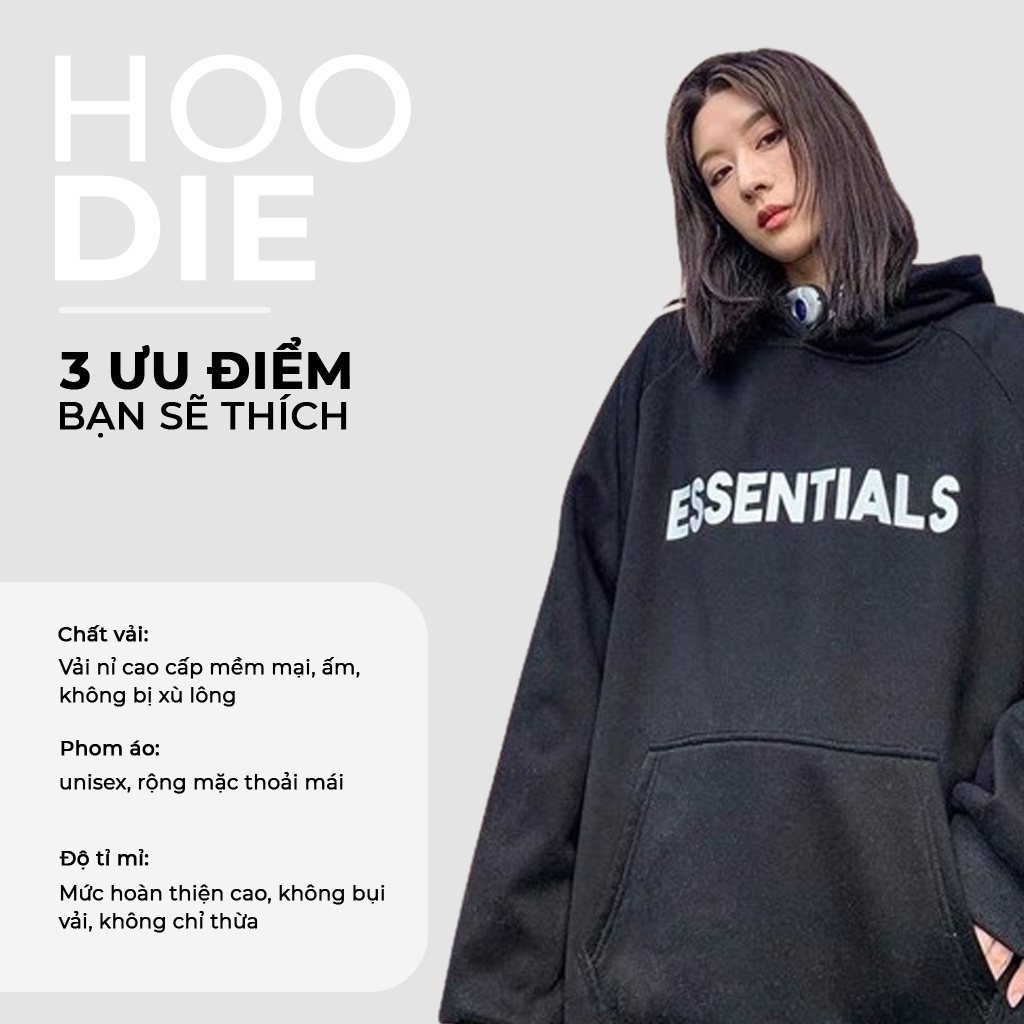 Áo Khoác Hoodie Essentials  Nam Nữ, Form Rộng Unisex Chất Nỉ Bông Dày Màu Xám HDAS 908