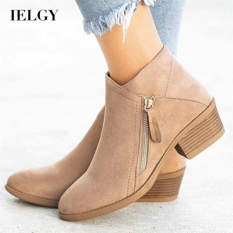 Giày bốt martin IELGY da lộn gót dày cỡ lớn phối khóa kéo bên hông sành điệu cho nữ