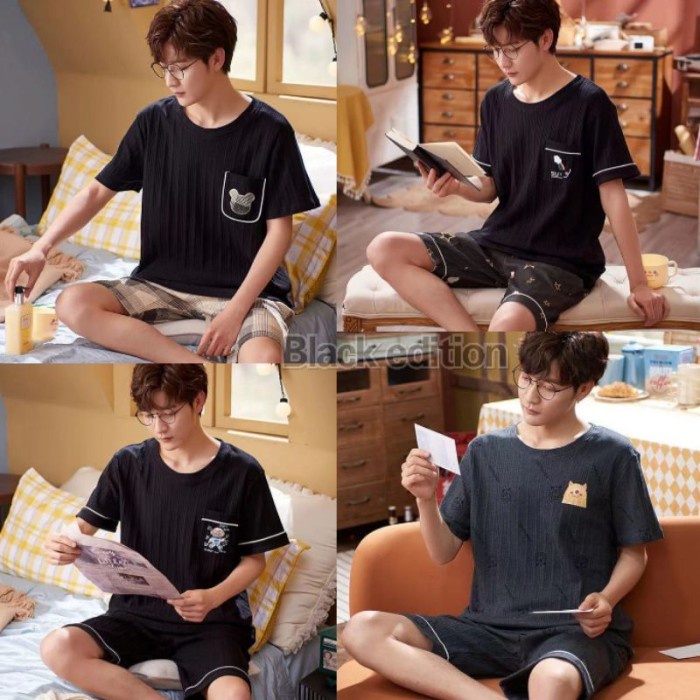 Bộ Đồ Ngủ Ngắn Tay Chất Lượng Dành Cho Nam Áo Thun Nam Màu Đen Trơn Phong Cách Hàn Quốc Trẻ Trung