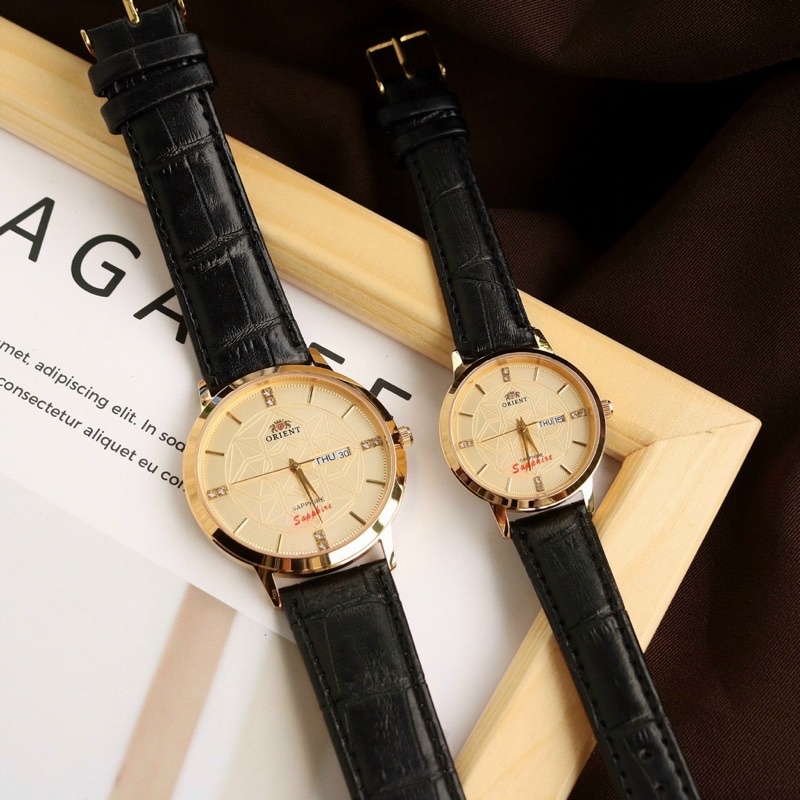 Đồng Hồ Cặp Đôi Nam Nữ orient Kính Sapphire Dây Da , Size 30/40mm