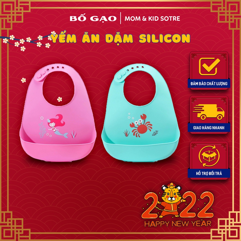 Yếm silicon cho bé ăn dặm, có máng hứng thức ăn, dễ vệ sinh, bé tập ăn