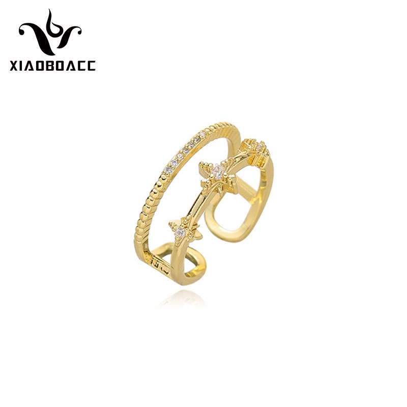 XiaoboACC Nhẫn 2 lớp đính đá zircon mạ vàng 18K không gây dị ứng hợp thời trang