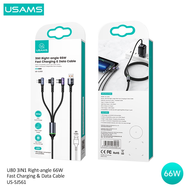 Usams Dây Cáp Sạc Nhanh USB Type C 3 Trong 1 66W 1.2M Cho Laptop / Điện Thoại / Máy Tính Bảng