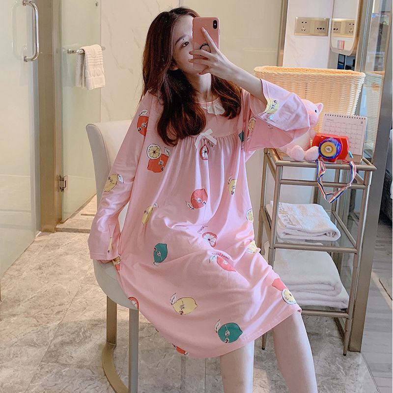 Đầm ngủ tay dài đính nơ in hình dễ thương cho nữ
