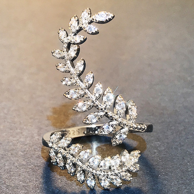 Nhẫn mạ bạc hình chiếc lá dài đính đá zircon sáng tạo thời trang cho nữ