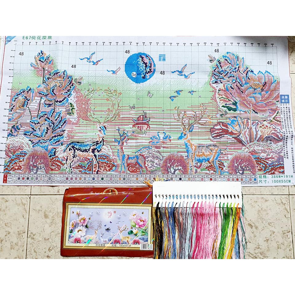 Tranh thêu kín Hươu Tài Lộc Phú Quý E67, E76 (100x55cm) - tranh chưa thêu