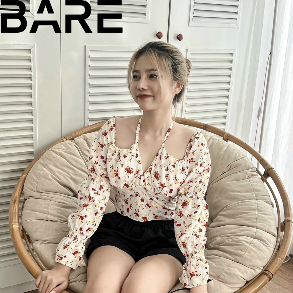Áo kiểu trễ vai nữ tay dài họa tiết hoa nhí croptop kiểu đẹp thiết kế dây yếm tay loe cho nàng điệu đà - AO0140