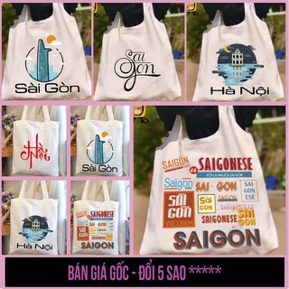 Túi tote vải canvas có khóa kéo in hình và chữ Sài Gòn, Hà Nội - Túi Mơ To store