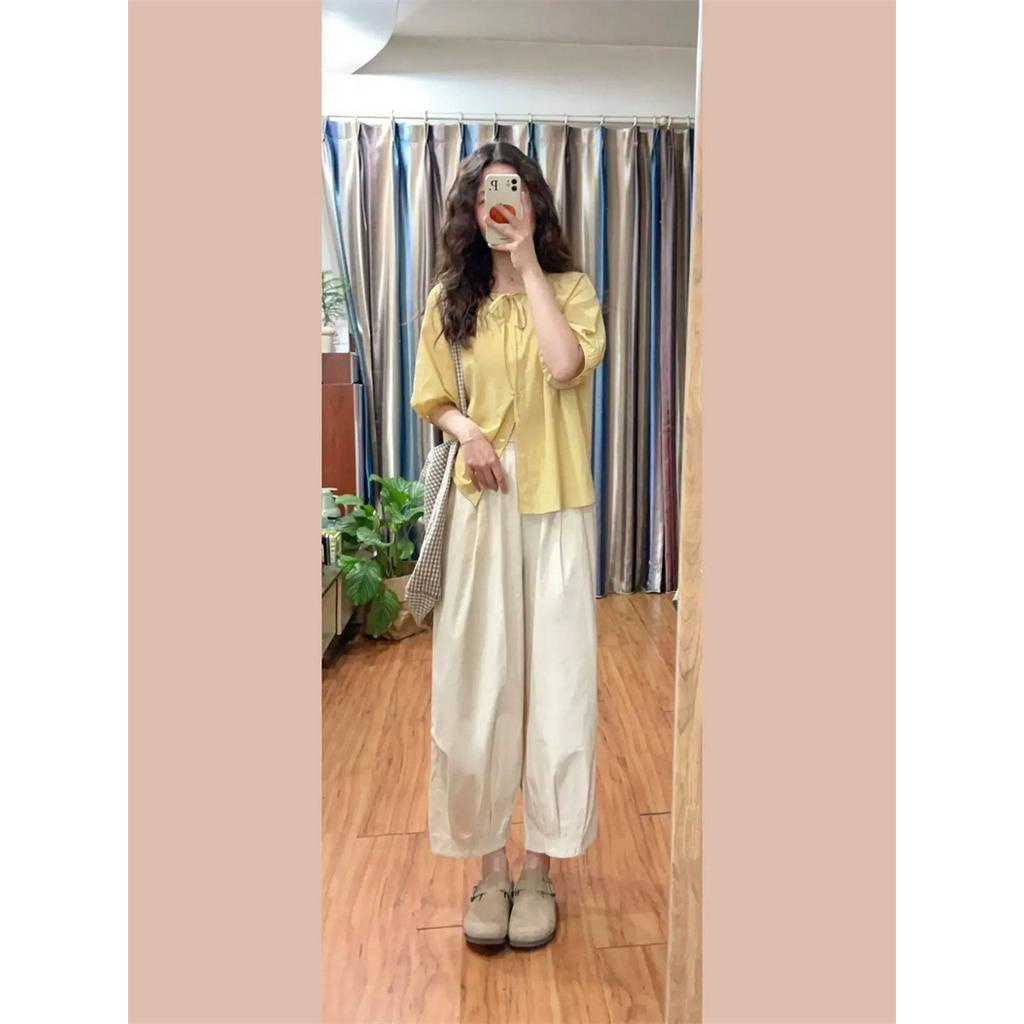 Áo Sơ Mi Ngắn Tay Thắt Dây Vàng Phong Cách Mới Mùa Hè 63984