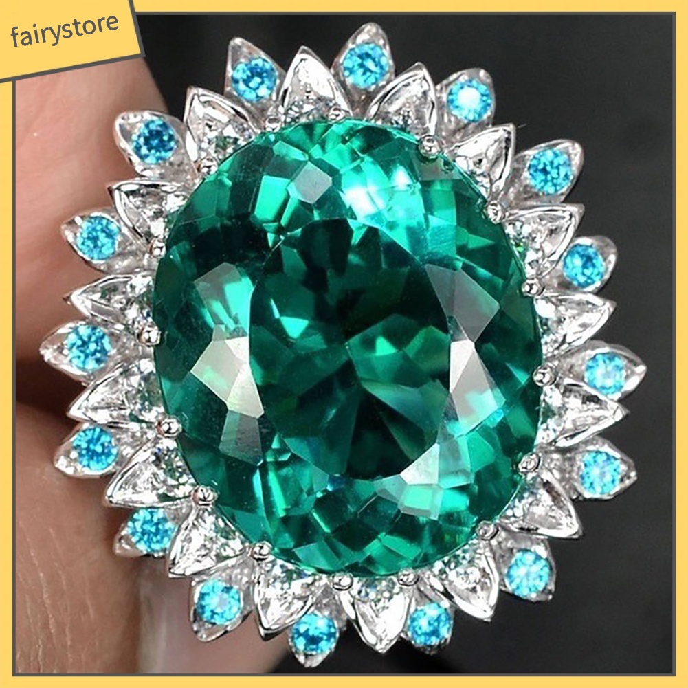 Nhẫn mặt zircon màu xanh lá hình bầu dục thời trang cho nữ