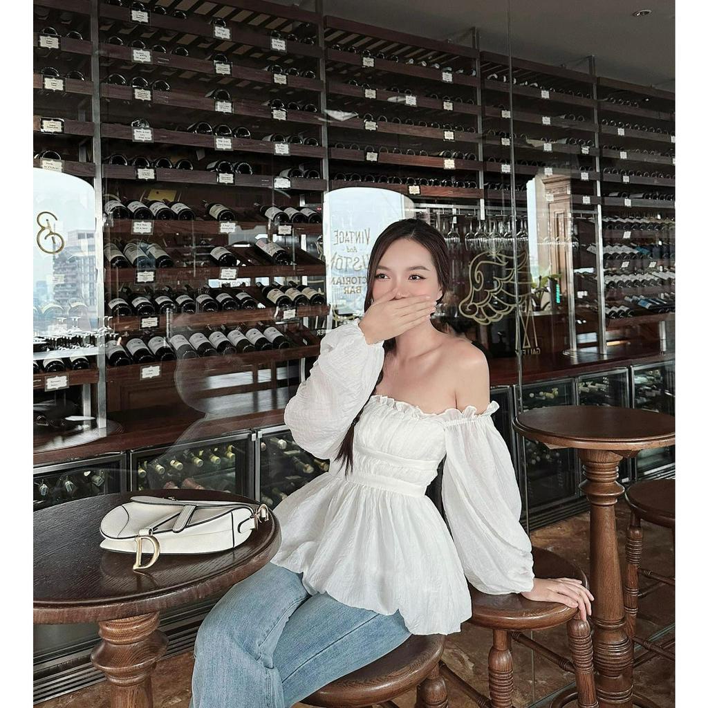 Áo trễ vai tay dài tiểu thư, chiết eo, phồng xoè