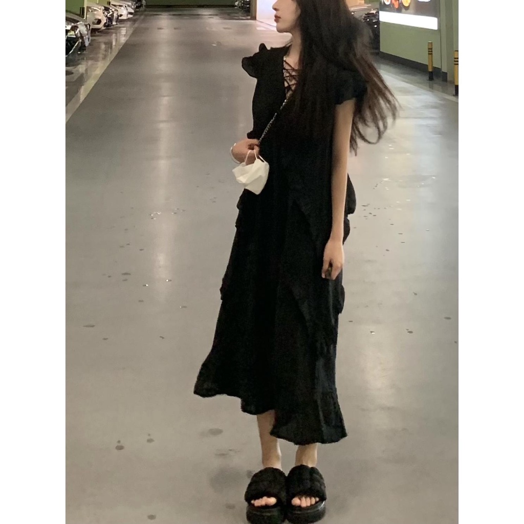 Đầm Midi Cổ Chữ V Tay Cánh Tiên Cổ Chữ V Phong Cách Hàn Quốc Thời Trang Mùa Hè Cho Nữ