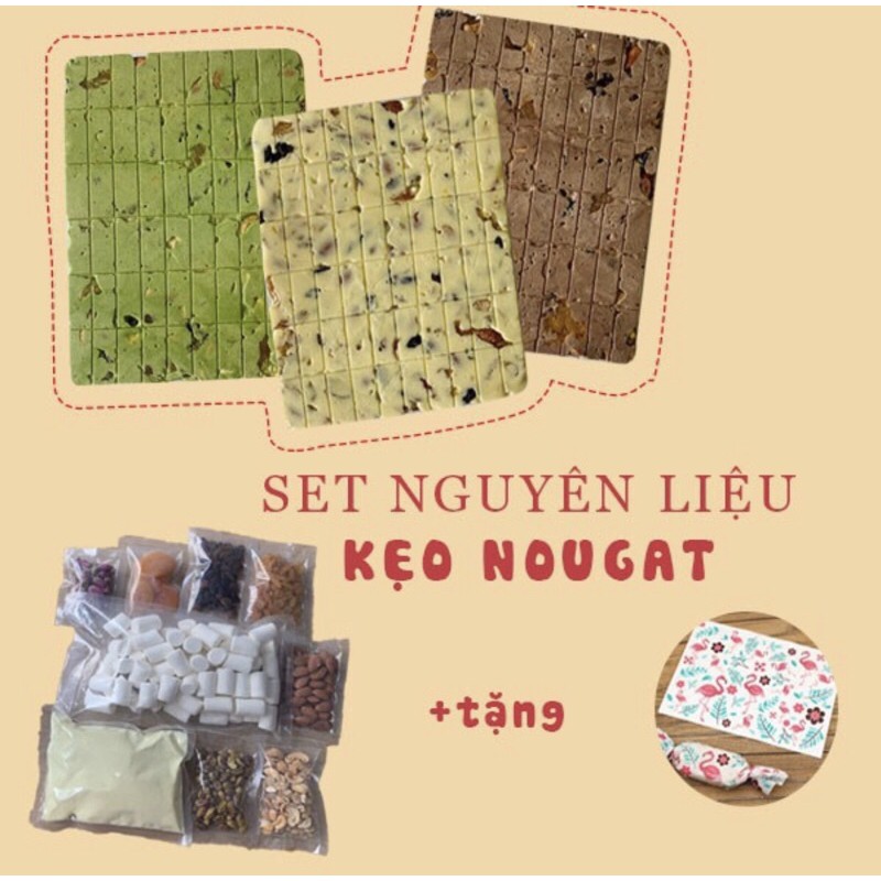 Set nguyên liệu làm kẹo nougat vị vani/socola/matcha/dâu/trái cây + tặng 50 tờ giấy gói kẹo