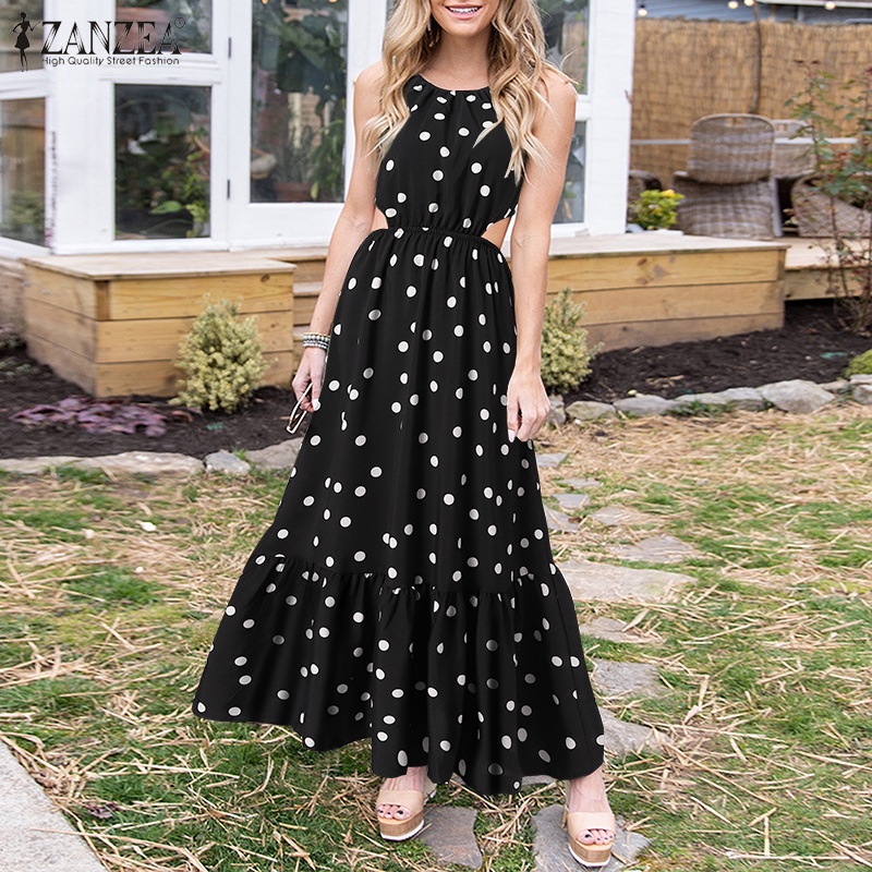 Đầm chữ A ZANZEA họa tiết chấm bi cổ tròn thời trang Châu Âu cho nữ