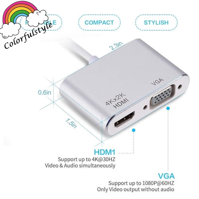 USB TYPE C To HDMI & VGA Adapter 2IN1 Support 4K Type c to hdmi vga