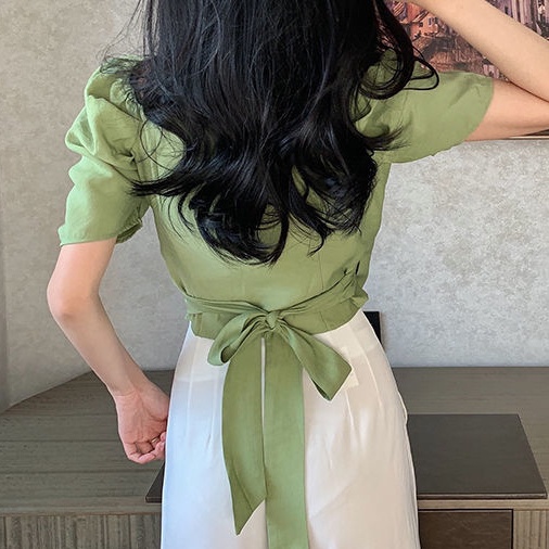 AMOI Áo Kiểu Tay Phồng Cổ Chữ V Thời Trang Cho Nữ