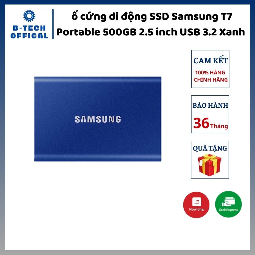 Ổ Cứng Di Động SSD Samsung T7 Portable 500GB 2.5 inch USB 3.2 Xanh (Đọc 1050MB/s - Ghi 1000MB/s)-(MU-PC500H/WW)