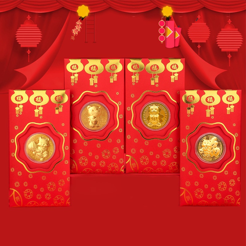 Phong Bao lì xì kèm đồng tiền may mắn tuổi dần mạ vàng 3D may mắn tài lộc