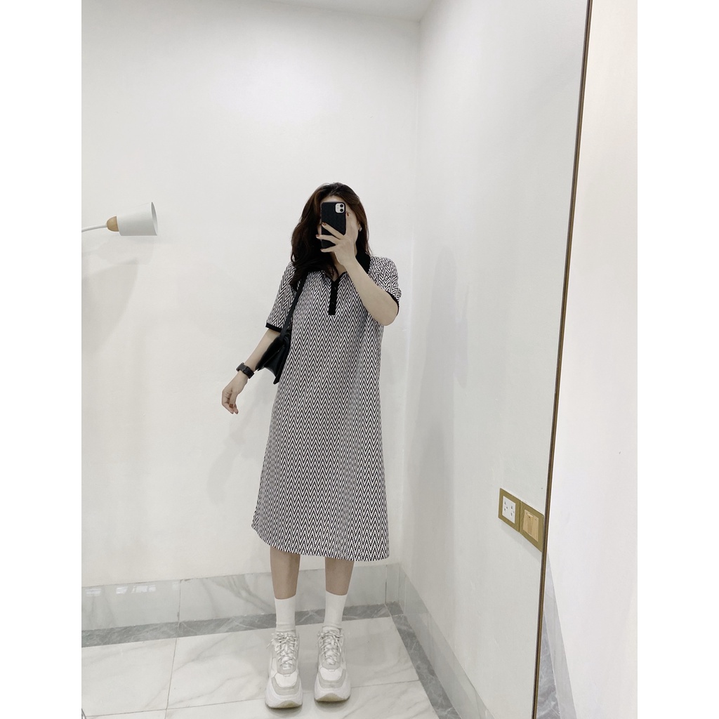 Váy suông cotton kẻ đen trắng Hachi_Boutique đầm thun tay lỡ phối sọc chéo cổ viền đen