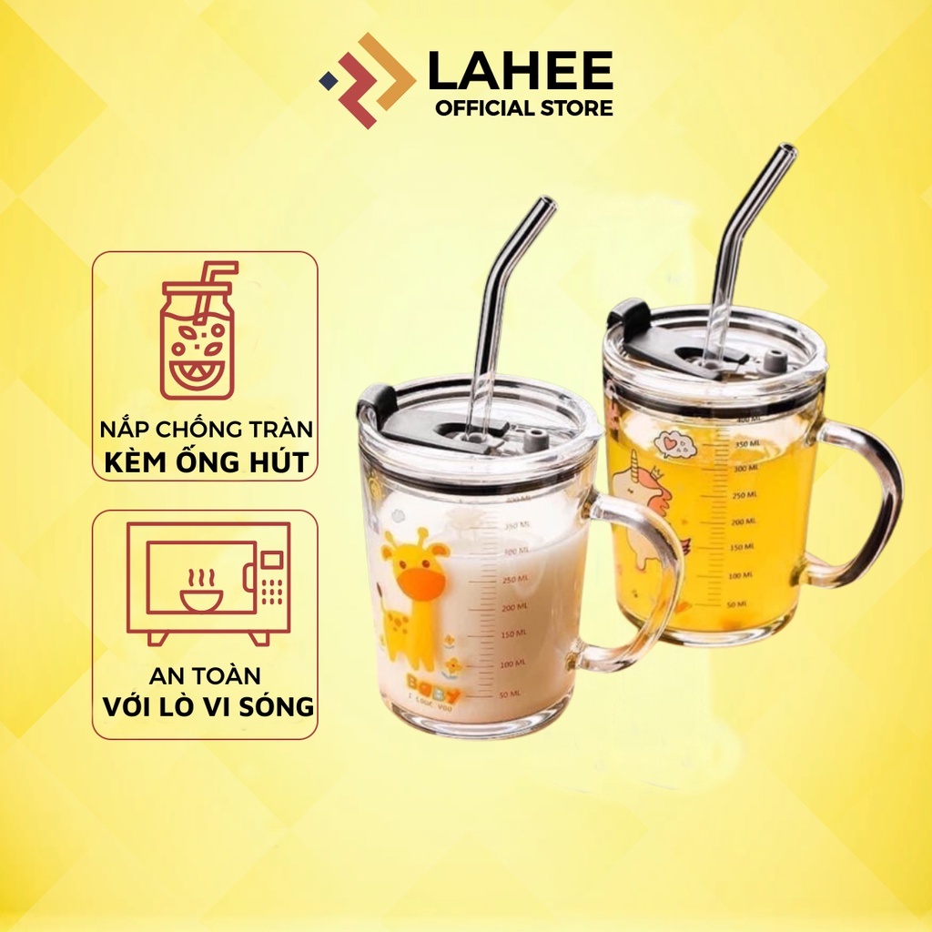 Ly thuỷ tinh chia vạch ML uống nước có nắp chống tràn cao cấp,cốc pha sữa thủy tinh có ống hút - LAHEE 15CNTT
